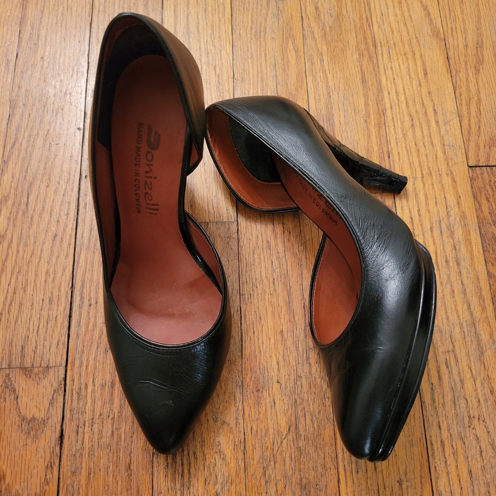 Donizelli 5‎ Black Leather d'Orsay Pointed Toe Platform Pumps Croc Heel Classic